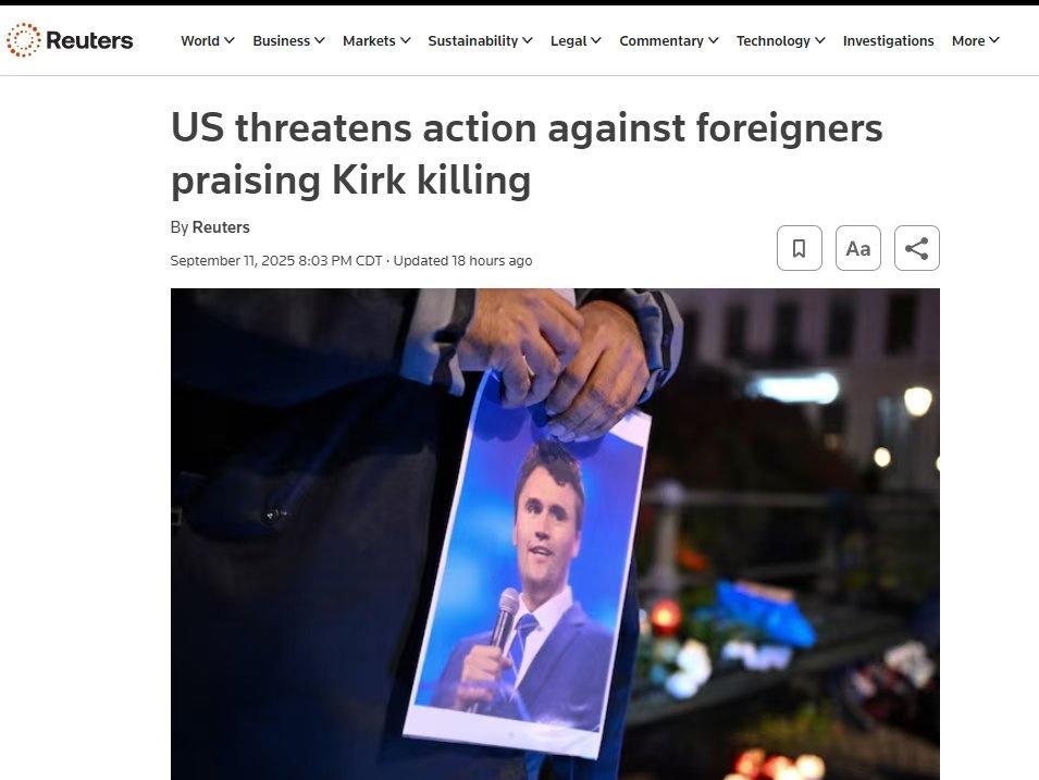 美国国务院警告：外国人庆祝刺杀柯克就取消签证，中文社交媒体也能当证据。美国副国