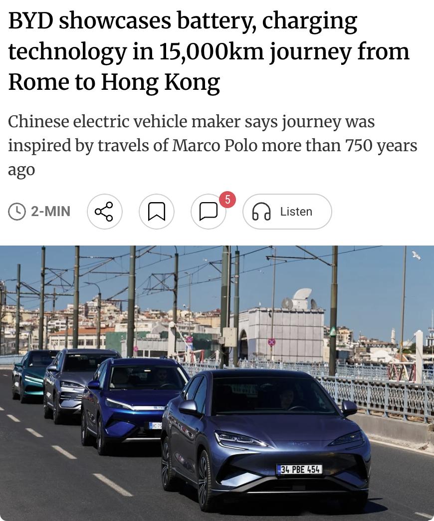 外媒：比亚迪正在全球推广其高性能电池和超快充技术，并通过一次从罗马到香港的长途测