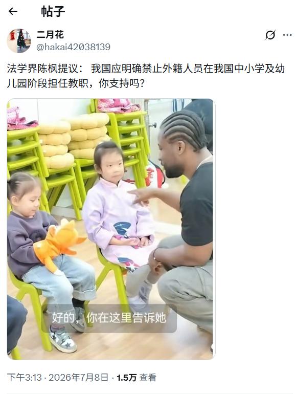 陈枫的“一刀切禁止”提议过于极端，我不认同。合法合规的外籍幼教，应当允许存在