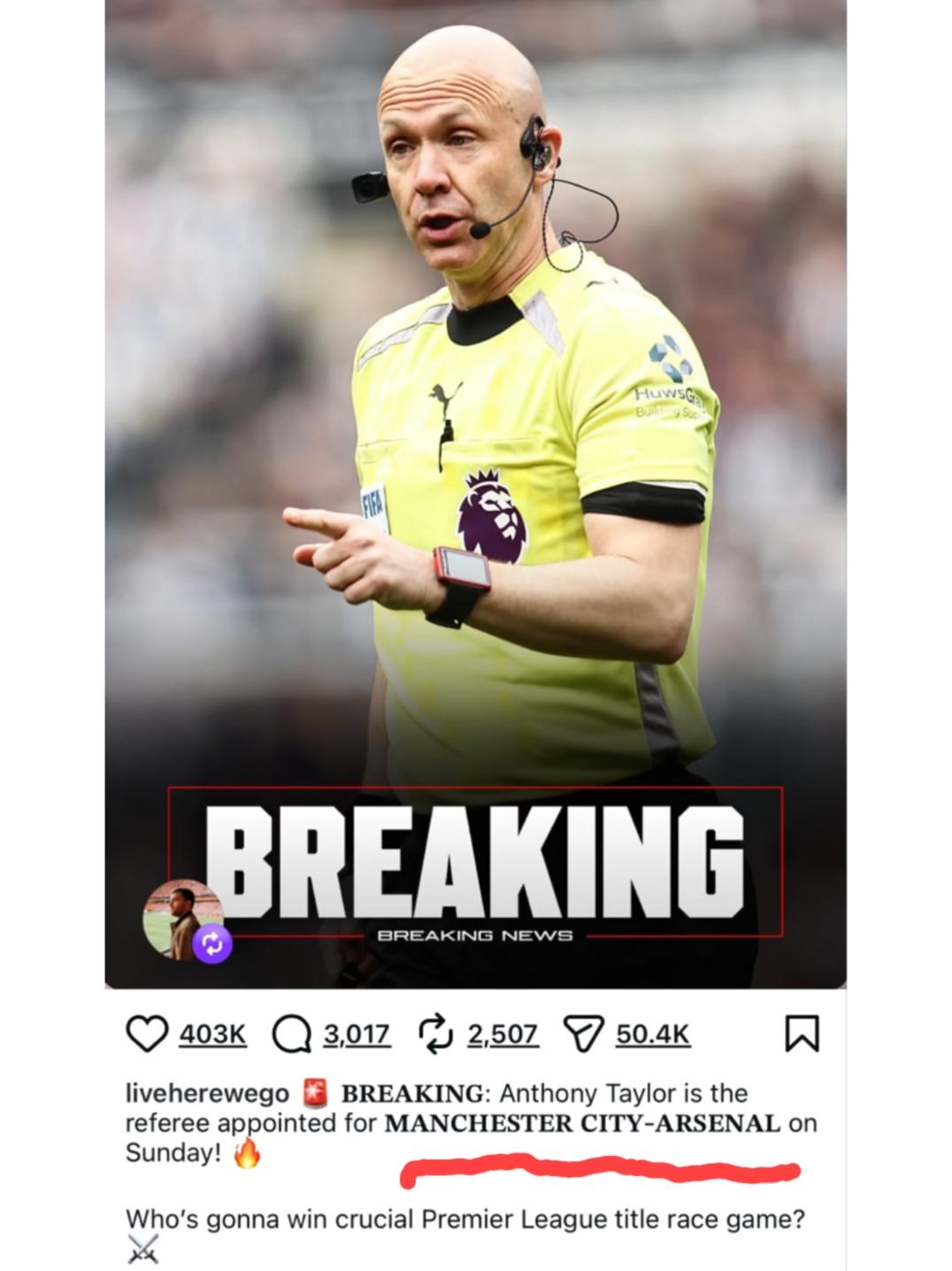 “名哨”安东尼-泰勒将执法本周末英超争冠的天王山之战:阿森纳vs曼城。不要觉得