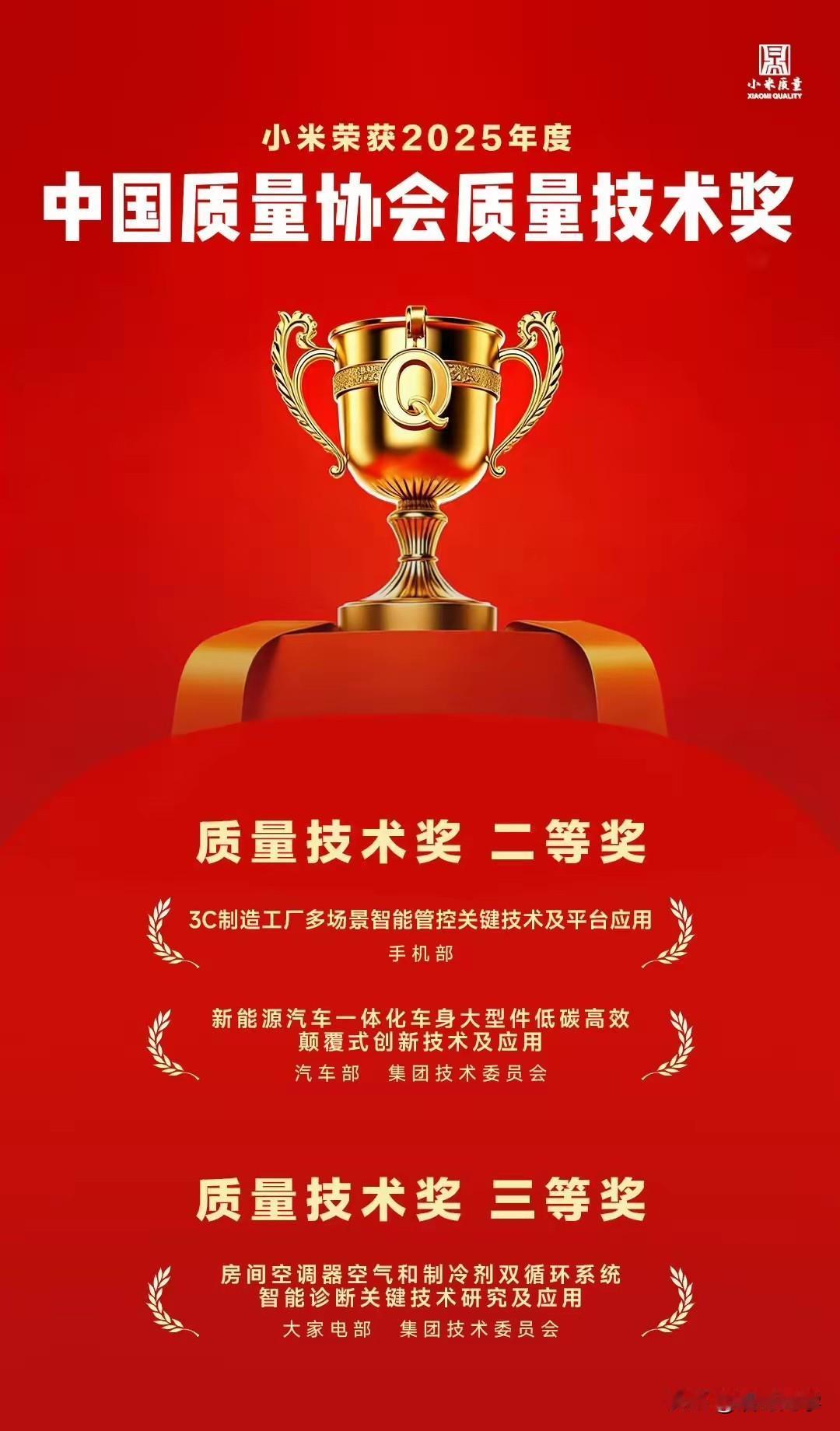 恭喜恭喜🎉小米荣获2025年度中国质量协会质量技术奖！大家注意看具体得奖
