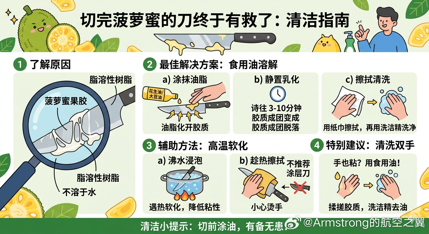 切完菠萝蜜的刀终于有救了切完菠萝蜜的刀和手粘满拉丝的白色果胶让人崩溃。这种黏液