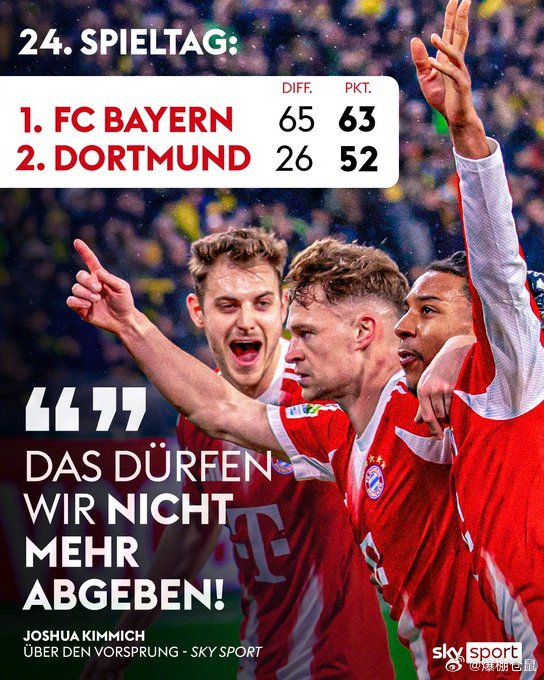 【拜仁3比2多特蒙德，24轮过后拜仁领先大黄蜂多达11分！】贡献绝杀进球的基米希