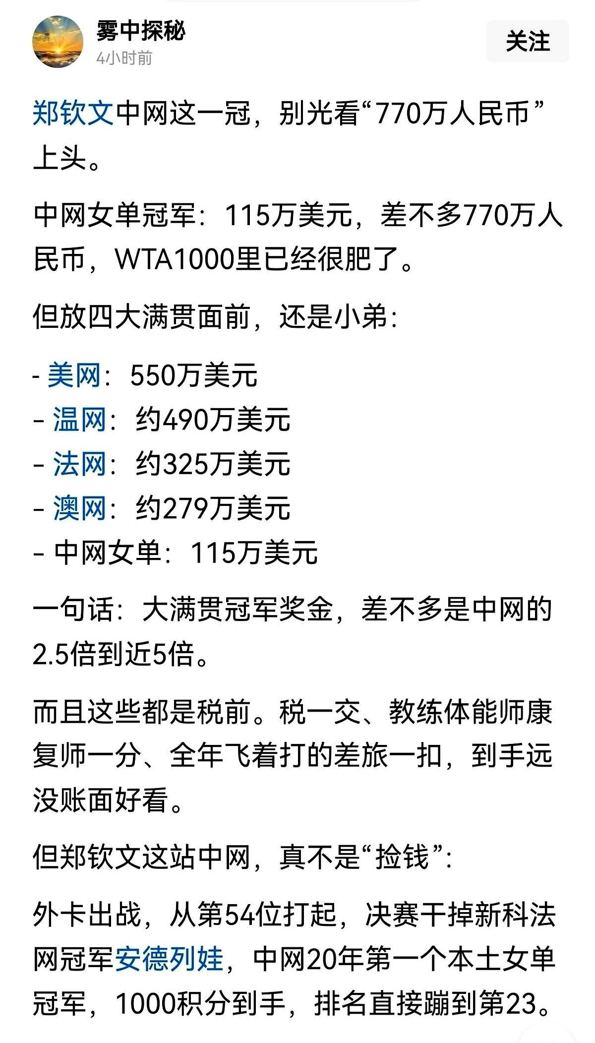 美网冠军拿三百多万，法网温网澳网两三百万，中网常年一百万出头晃荡，看着差了一大截