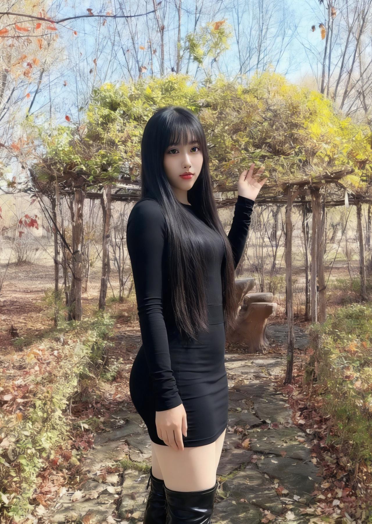 一袭玄裙映晓光，发丝垂处落松香。轻抬素手招云住，留住秋林半树黄。