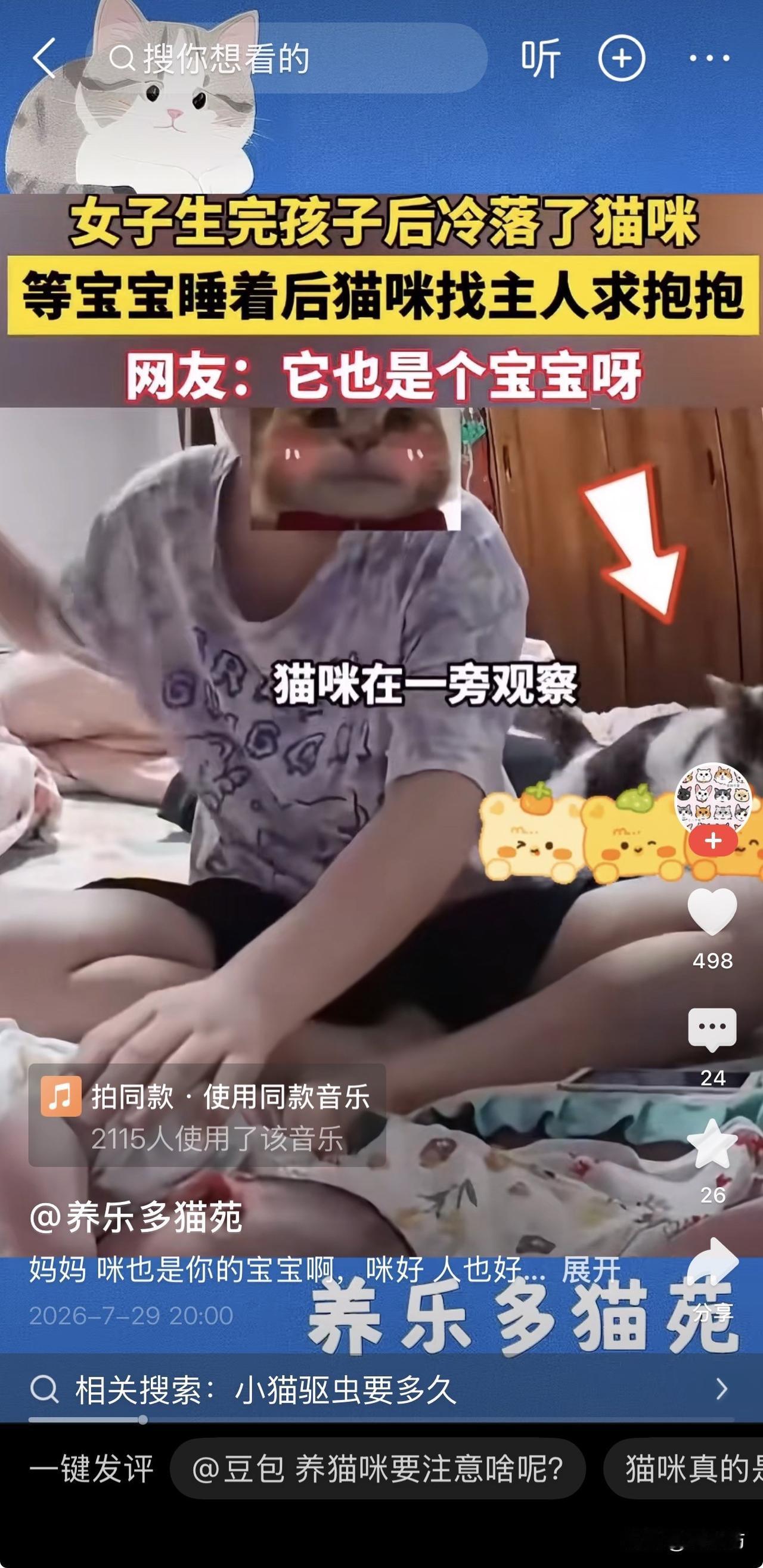 女人生完孩子冷落猫，网友哭喊“它也是个宝宝”：别绑架了，难道以后养孩子还得带只猫