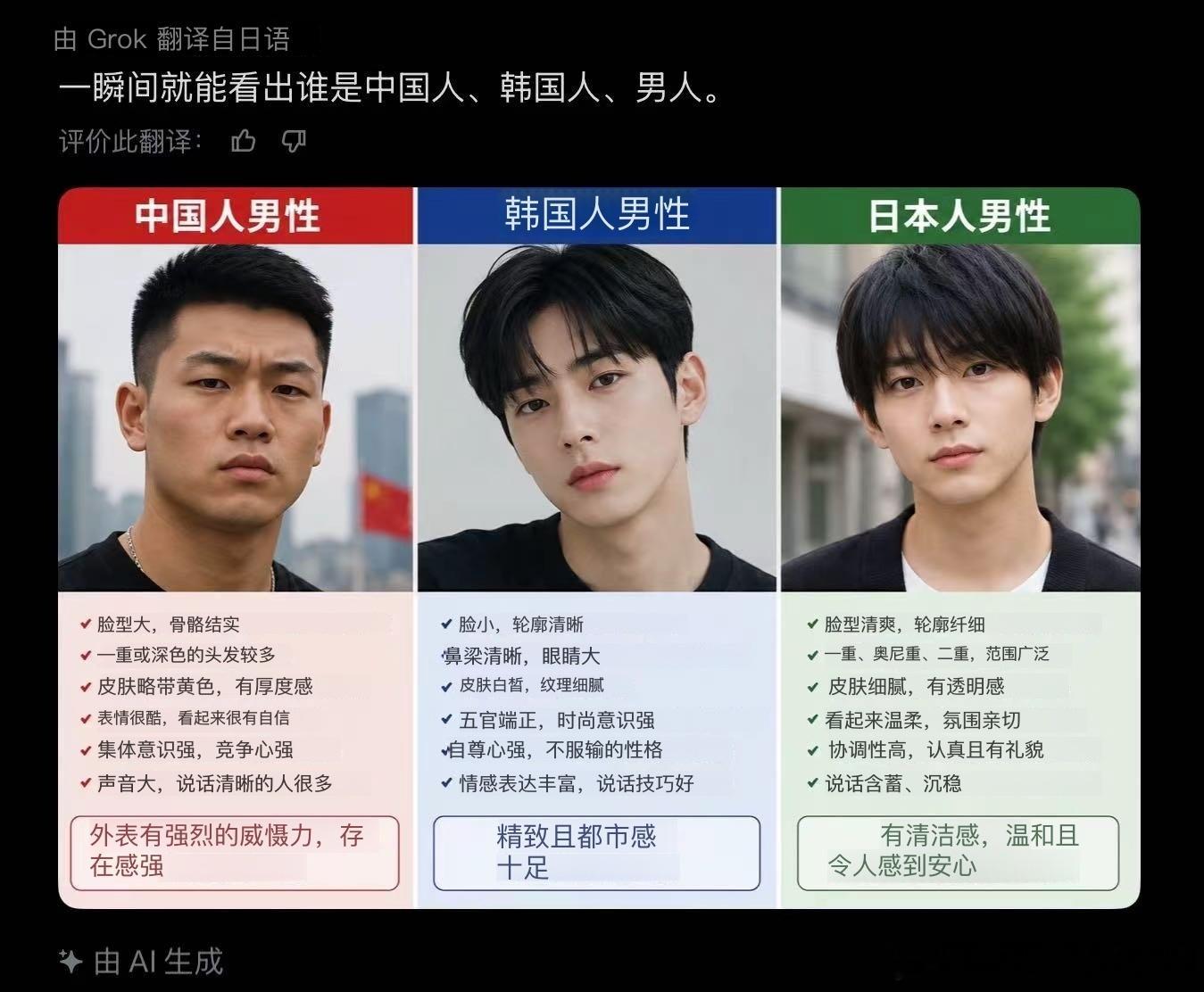 日本人发了自己眼中的中日韩男人长相。然后被中国大哥教育了