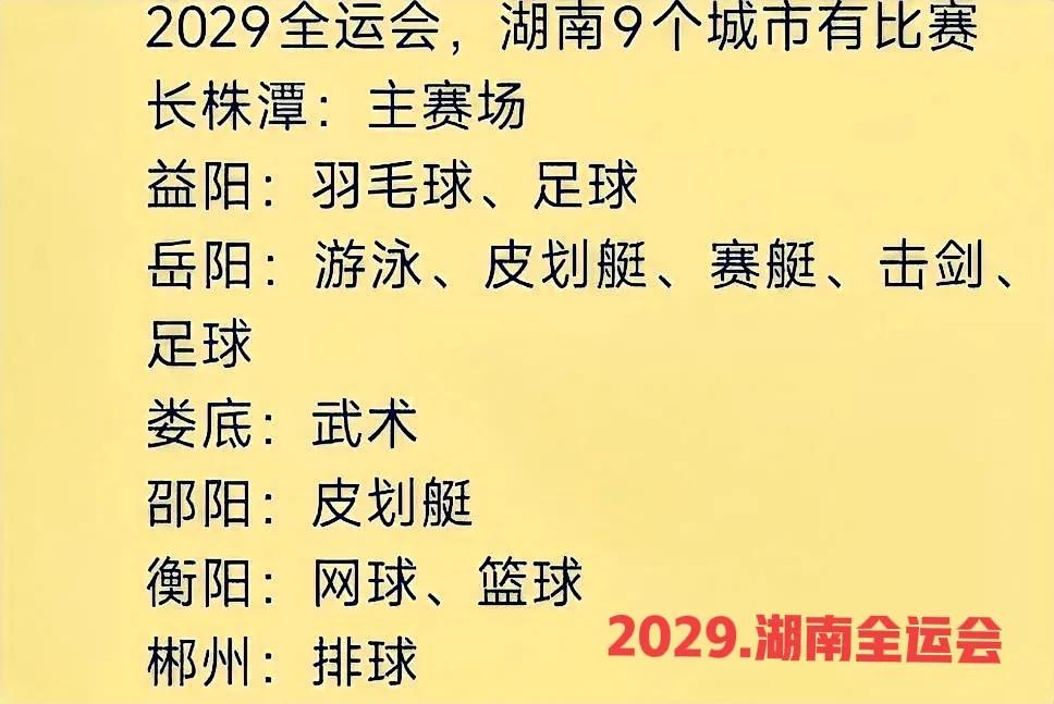 2029.湖南的全运会获批，湖南共有九个城市参与，除了长株潭主赛场外，老二的位置