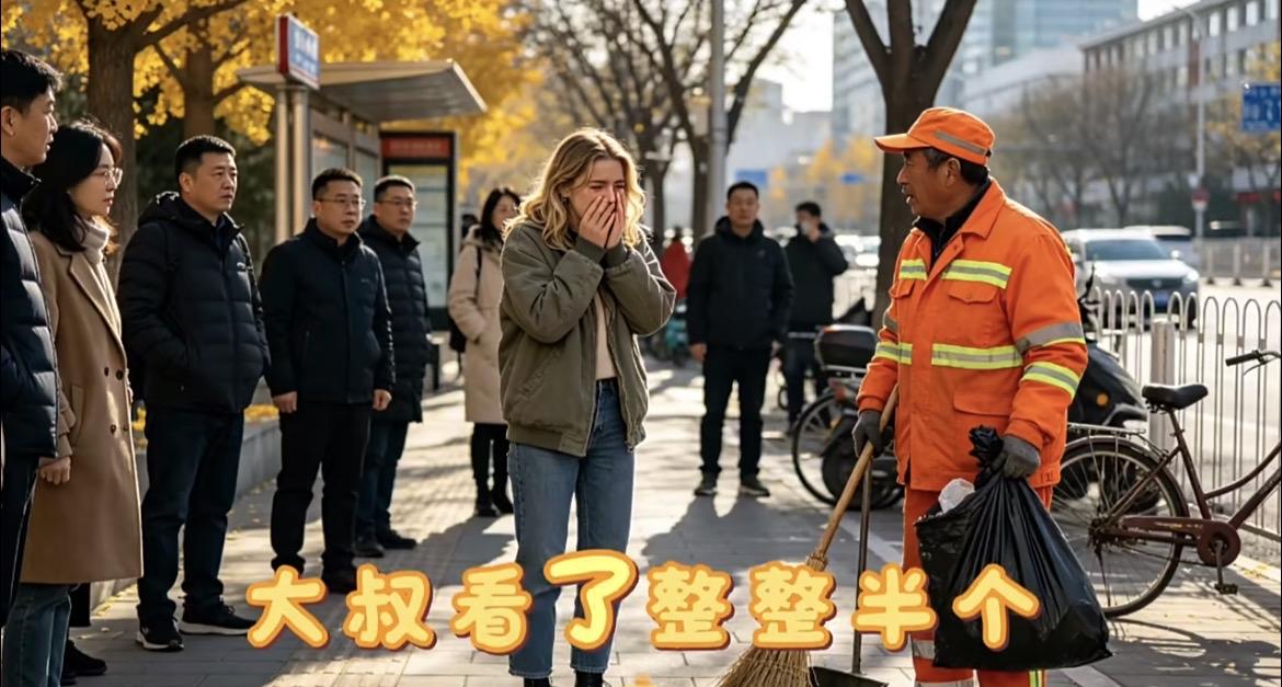 美国姑娘在北京街头，盯着环卫大叔看了很久，忽然捂着脸失声痛哭北京秋日的街道，