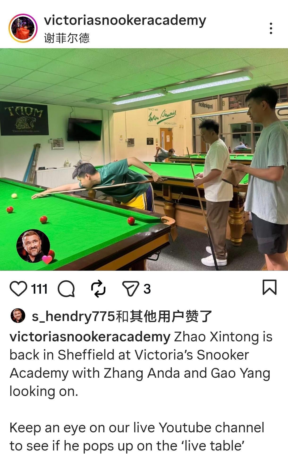 结束冠军联赛后，赵心童回到维多利亚斯诺克学院训练，张安达和高阳在一旁观摩学习。[