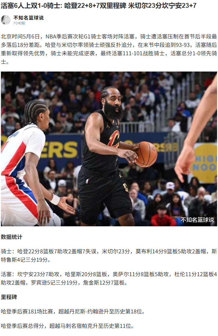 虎扑JR：xdm，活塞111-101赢骑士，G1拿下，什么水平？首节活塞