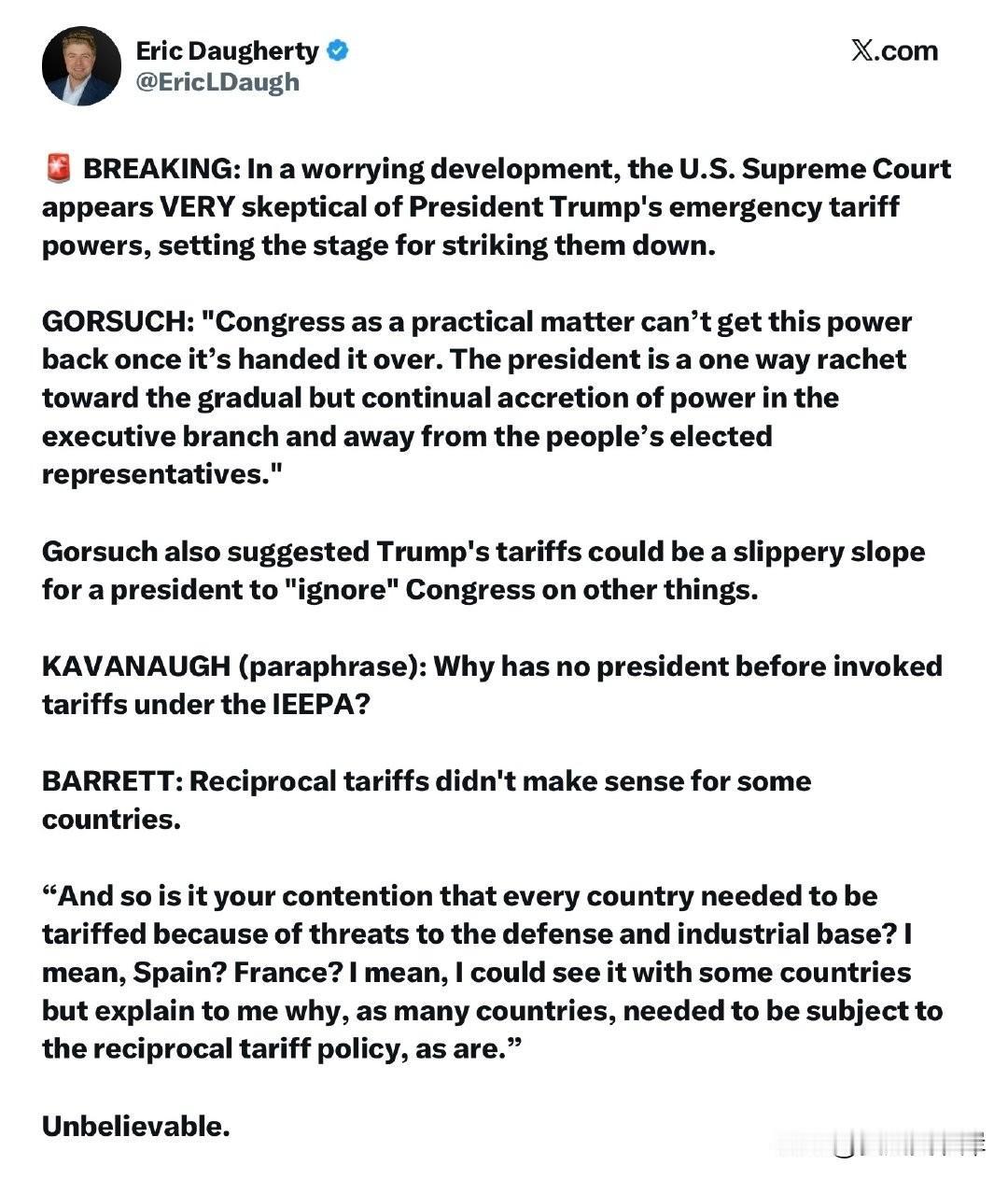 【突发】令人担忧的事态发展：美国最高法院似乎极度怀疑川普总统的紧急关税权力，为废