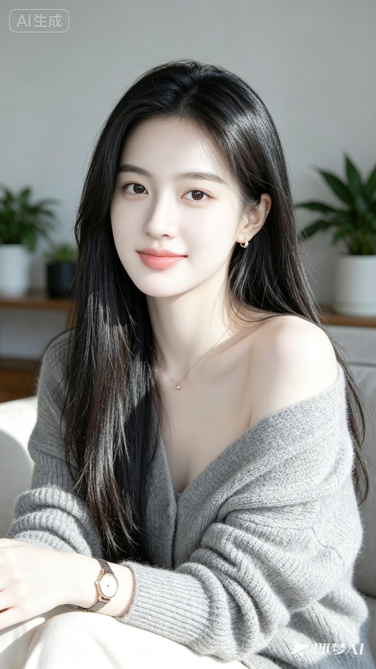 温柔甜美的女孩，灰色毛衣搭配，自然光线下更显清新🌟1