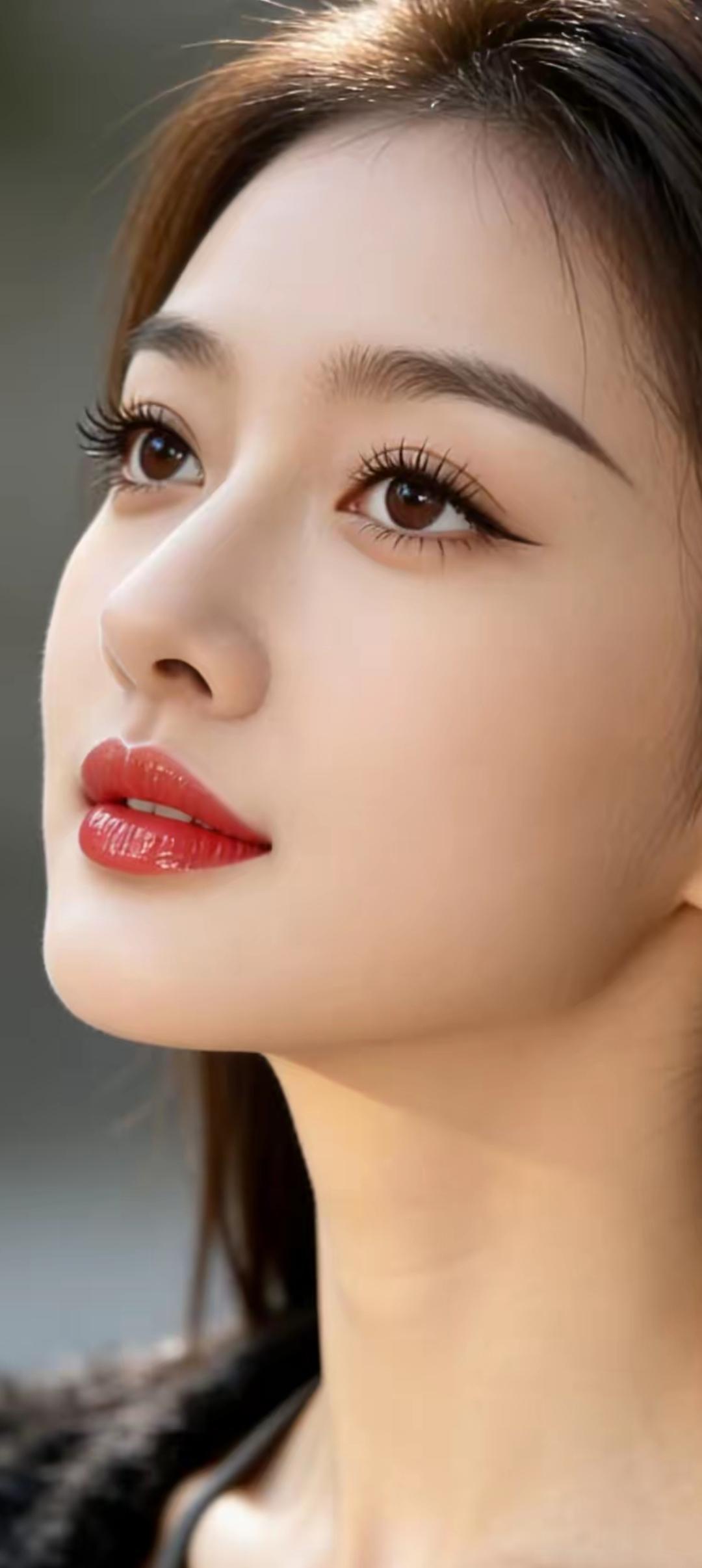 温柔眼神，红唇微启，优雅动人