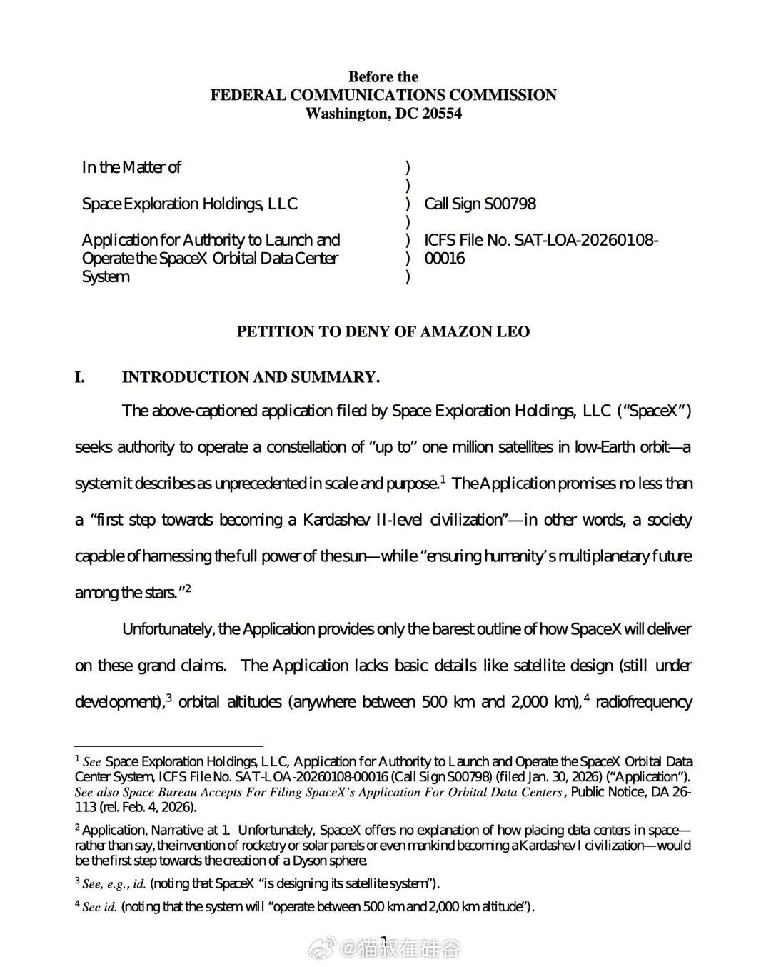 亚马逊已向联邦通信委员会（FCC）提交正式请愿书，要求否决SpaceX提出的部署
