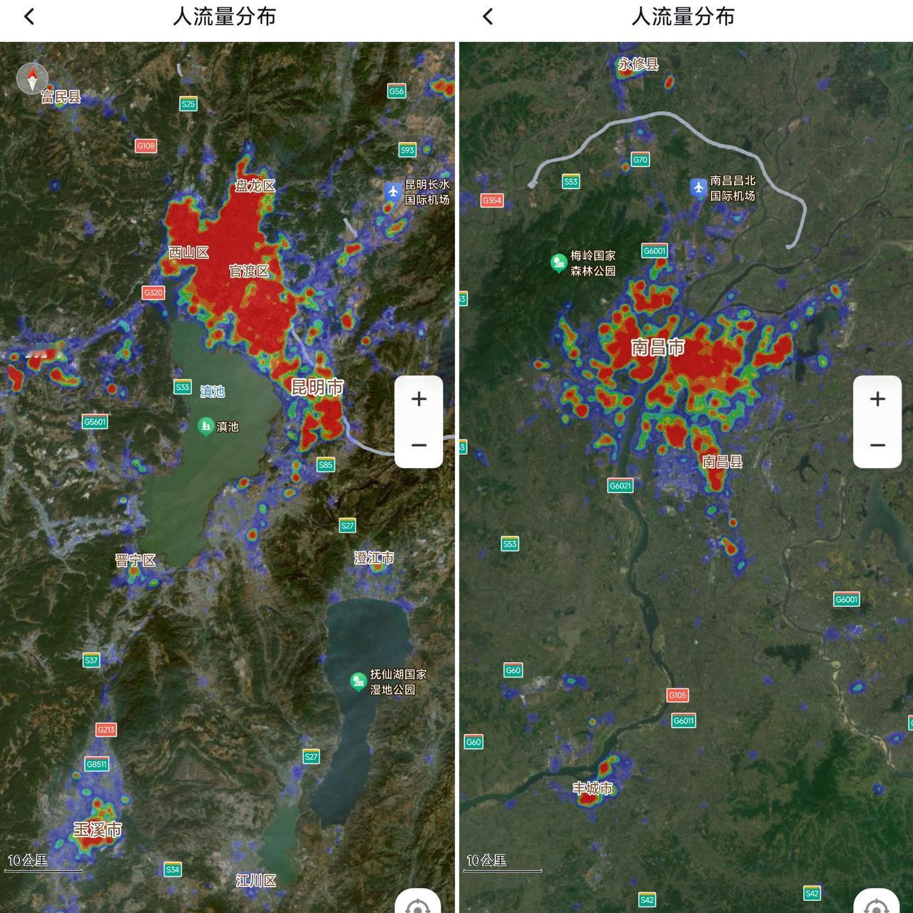 从城市热力图看昆明市区确实比南昌繁华很多，红色区域面积的对比更是可以直观地展示这