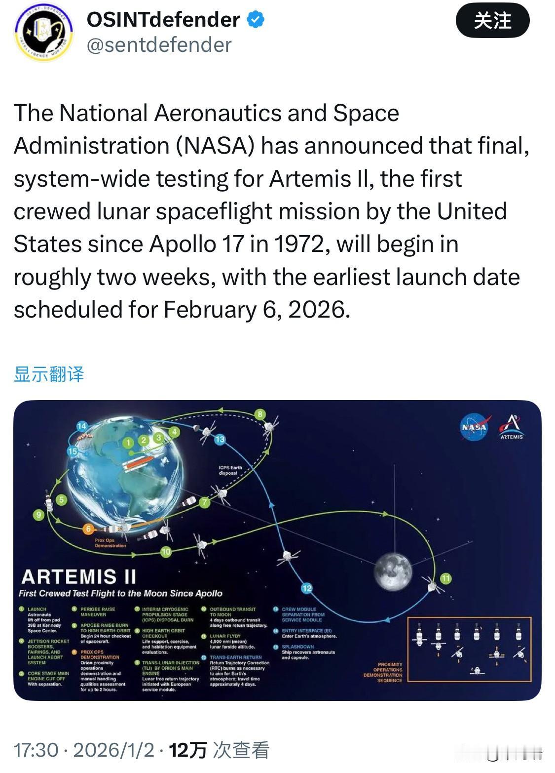 美国国家航空航天局（NASA）宣布，自1972年阿波罗17号以来，美国首