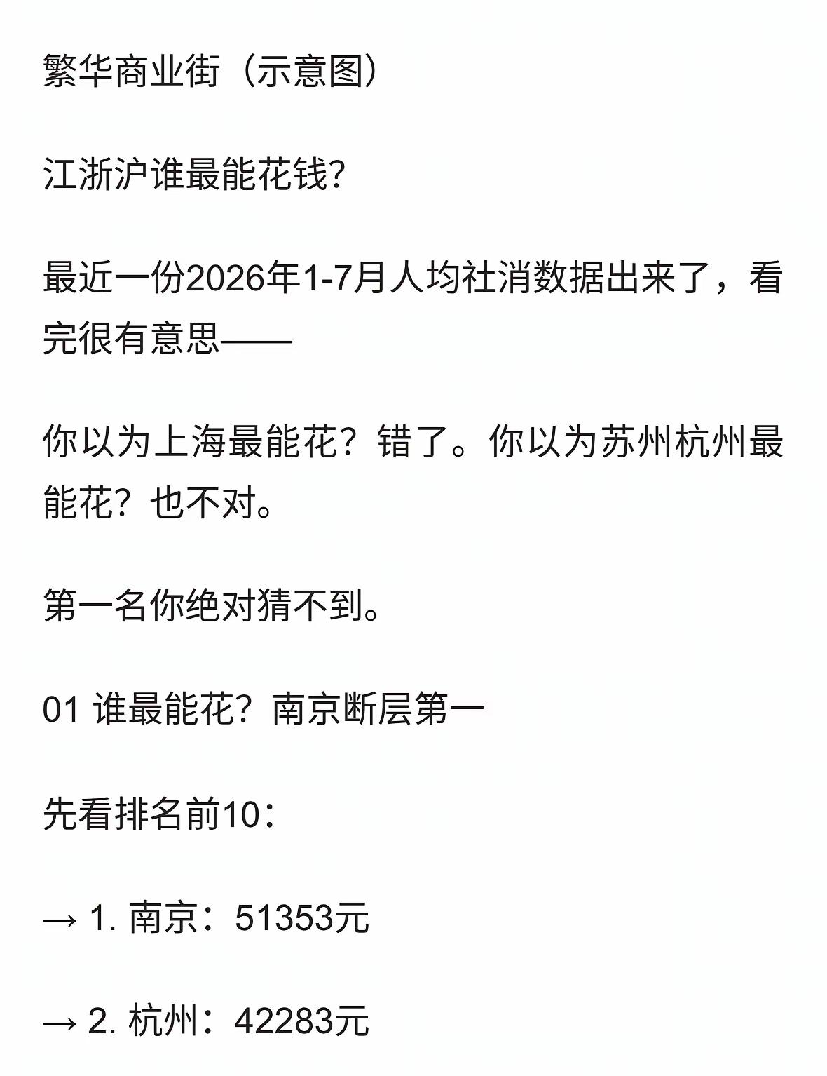 有网友做了江浙沪1—7月人均社消水平排名，有点意思。排在榜首的和最后垫