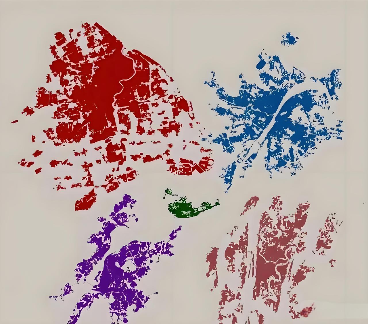 上海就是上海啊，重庆只能当个小老弟这是长江五虎的建成区地图，上海是当之无愧的