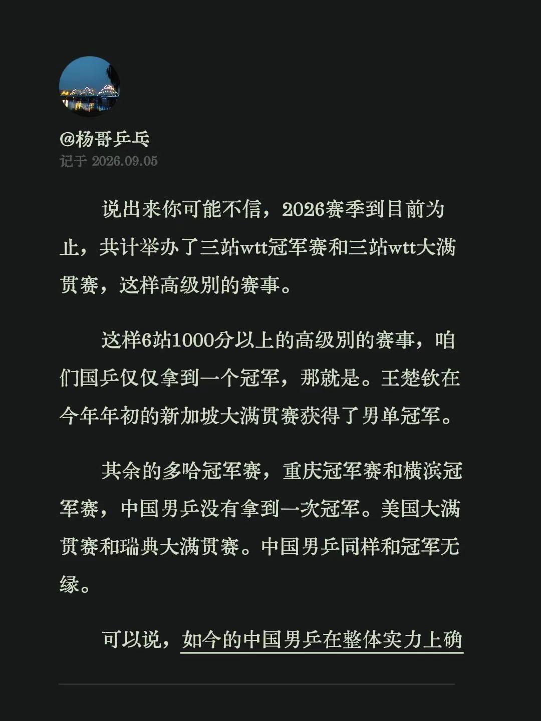 说出来你可能不信，2026赛季到目前为止，共计举办了三站wtt冠军赛和三站wtt