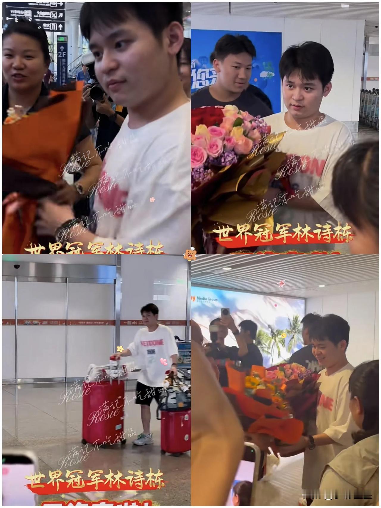 林诗栋回海南了，妈妈和教练热情接机。这是林妈妈第一次到机场接儿子，可能是刷到落