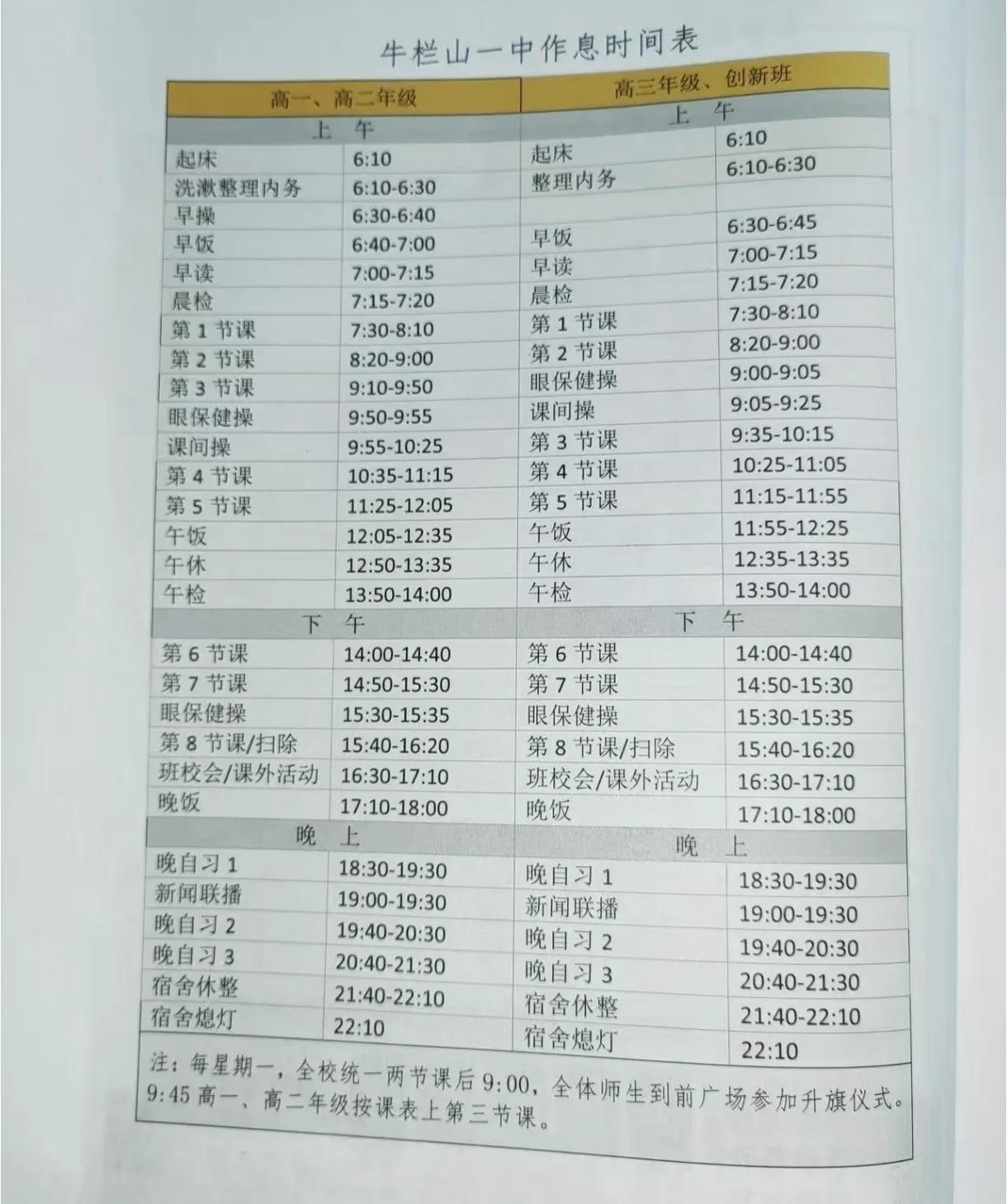 北京近郊第一校牛栏山一中的作息时间是一天16个小时，6点10分起床，10点10分