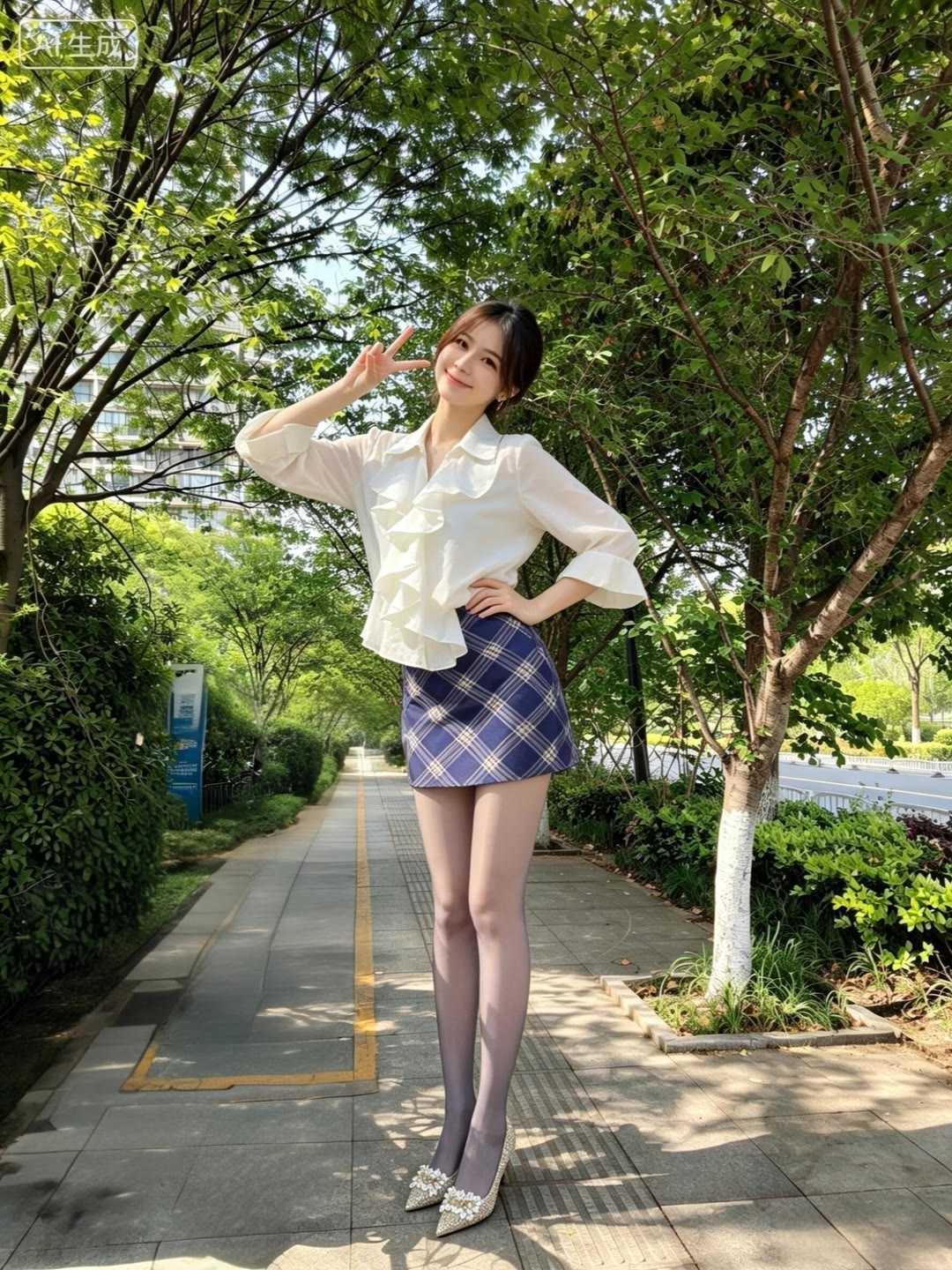 初夏通勤温柔穿搭，荷叶衫搭配格纹裙拿捏知性氛围感。夏日余温撞上初夏微风，这套轻熟