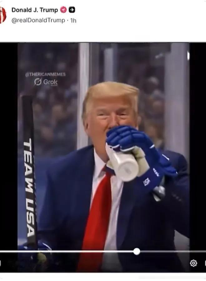 美国总统老特在社交媒体上发布了一段AI视频，内容是他率领美国冰球队和加拿大冰球队