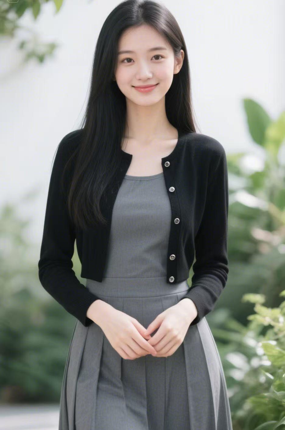 温柔微笑，优雅气质，黑卡搭配灰裙，完美演绎职场风范。