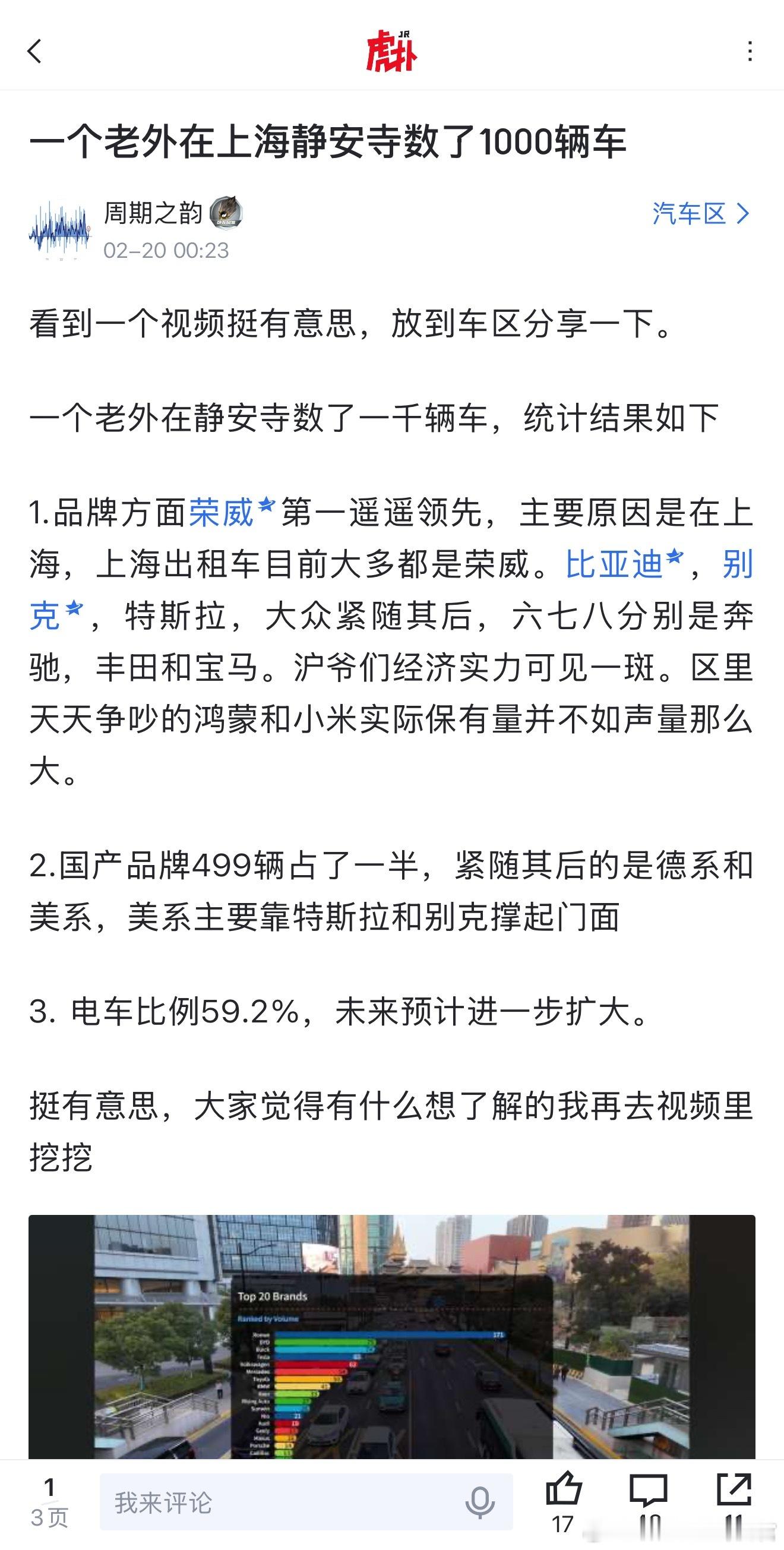 一个老外在上海市中心数了1000辆车，第一是荣威，第二是比亚迪，第三是别克，第四
