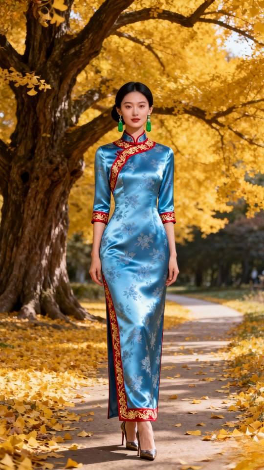 蓝色长旗袍女子杏树下摆拍。旗袍户外景点旗袍秀旗袍漫步秋景旗袍美人像