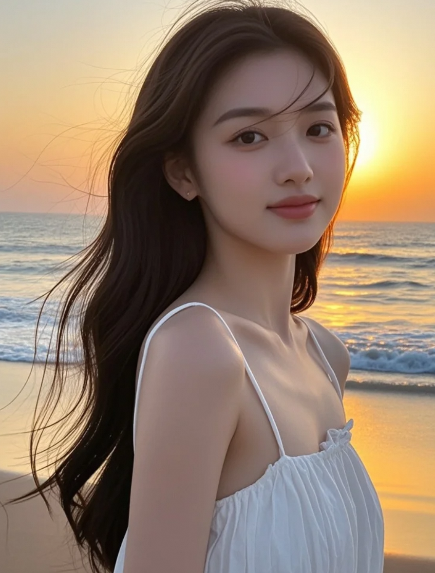 晚风轻拂沙滩，她长发飘散，笑容温柔，画面神秘浪漫