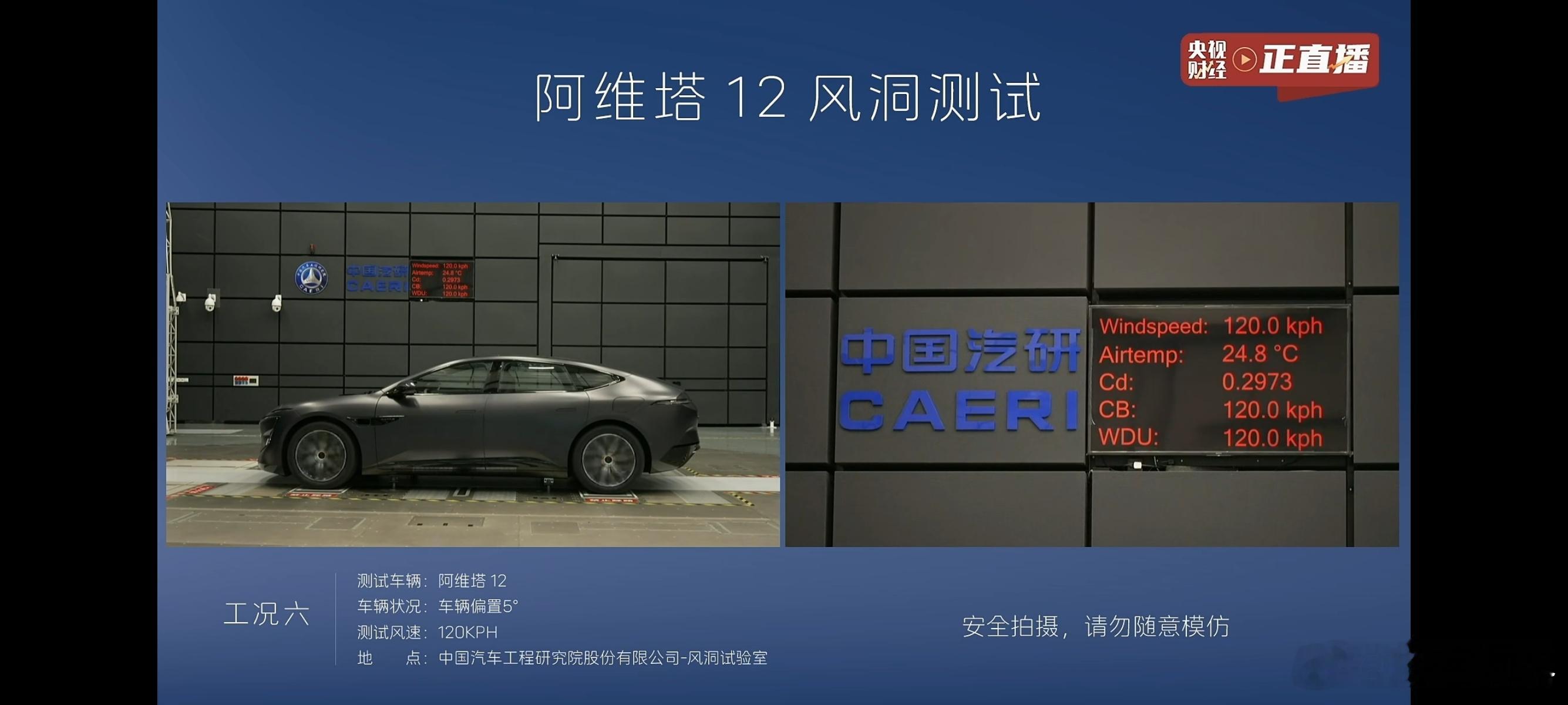 「工况6」，车辆偏置5°，时速120km/h。阿维塔12的风阻系数是0.2973