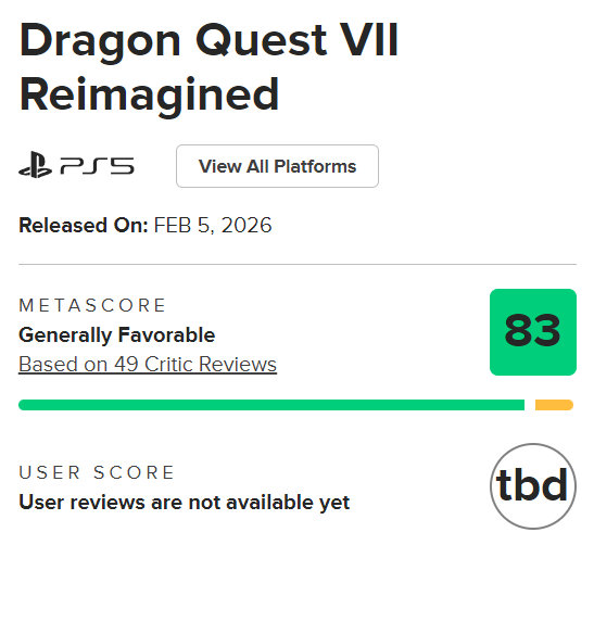 《勇者斗恶龙7重制版》媒体评分解禁，Metacritic收录49条媒体均分