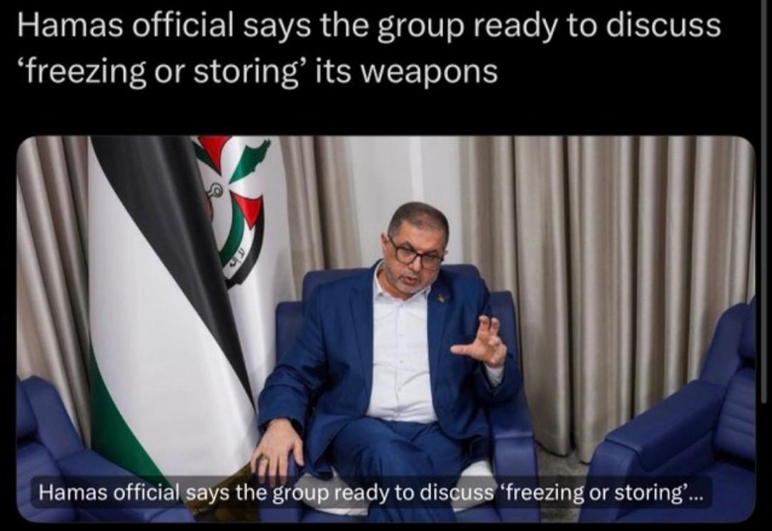 今天哈马斯提出：如果巴勒斯坦建国、以色列撤离约旦河西岸，哈马斯考虑冻结武器。