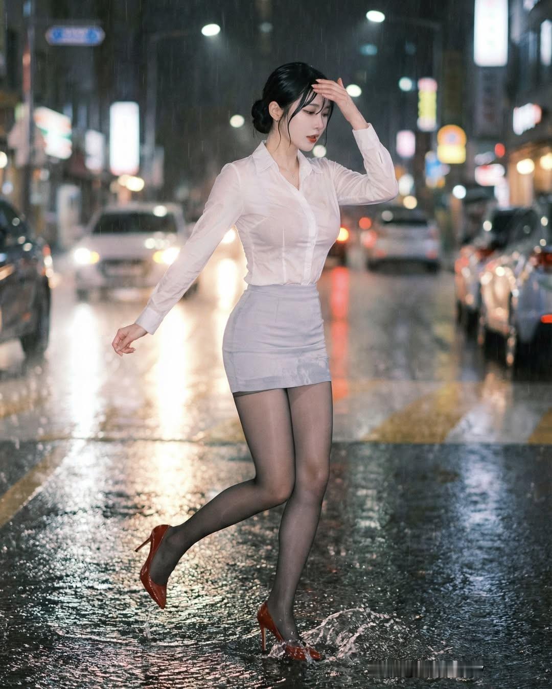 美女打车精彩瞬间，雨中漫步，优雅动人，高跟鞋与雨水的碰撞，尽显都市魅力。