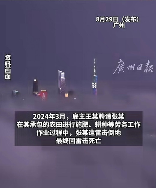 广东广州，男子去雇主的农田里干活，不料遇上雷雨天气，被一道雷击中身亡了，男子家属