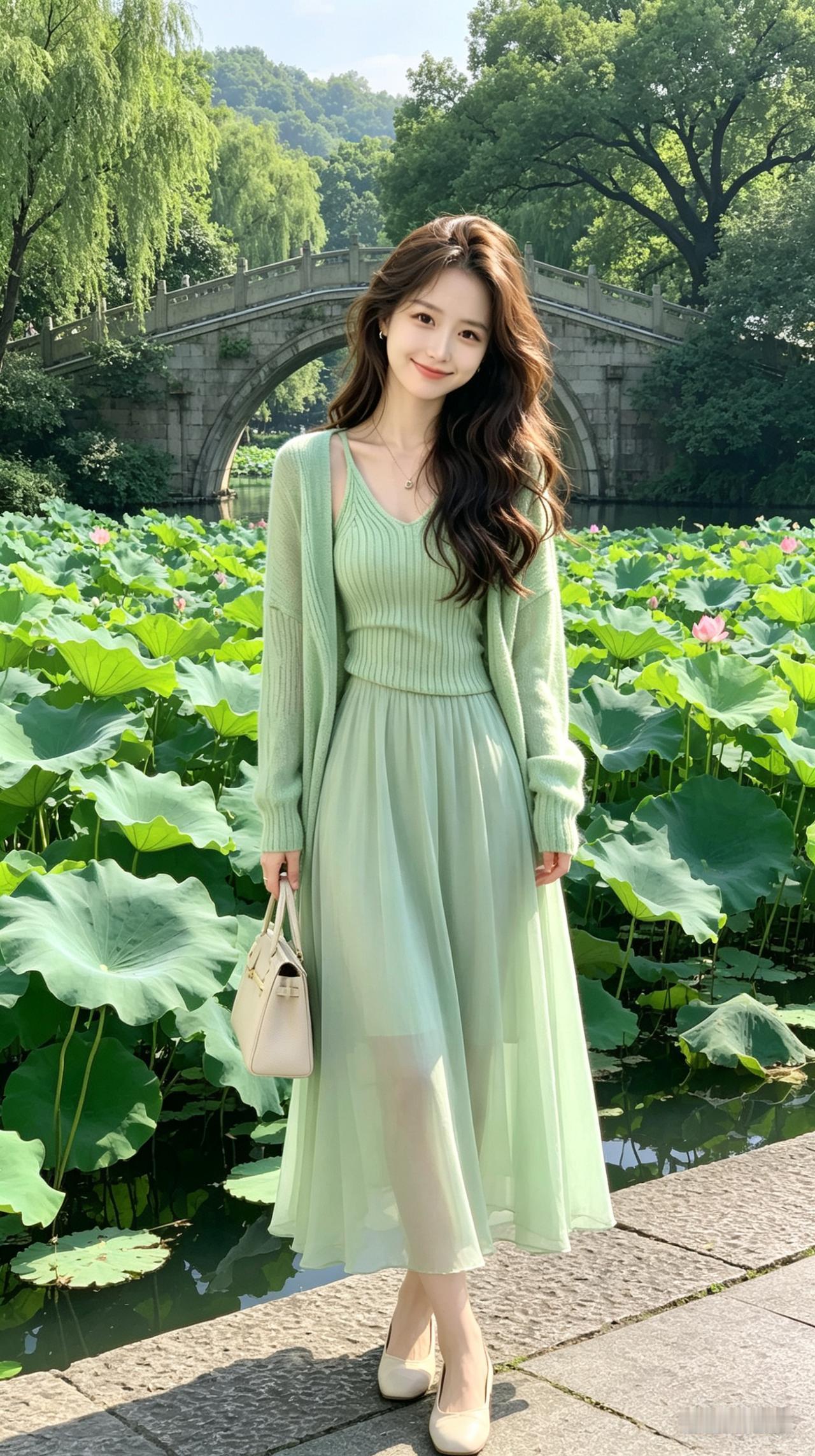 荷塘漫步，浅绿连衣裙与自然融为一体