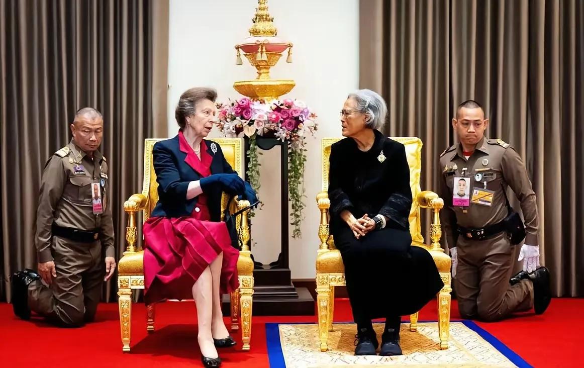 泰国王室成员诗琳通公主接见英国王室安妮长公主时，诗琳通公主脚下铺有象征尊贵身份的