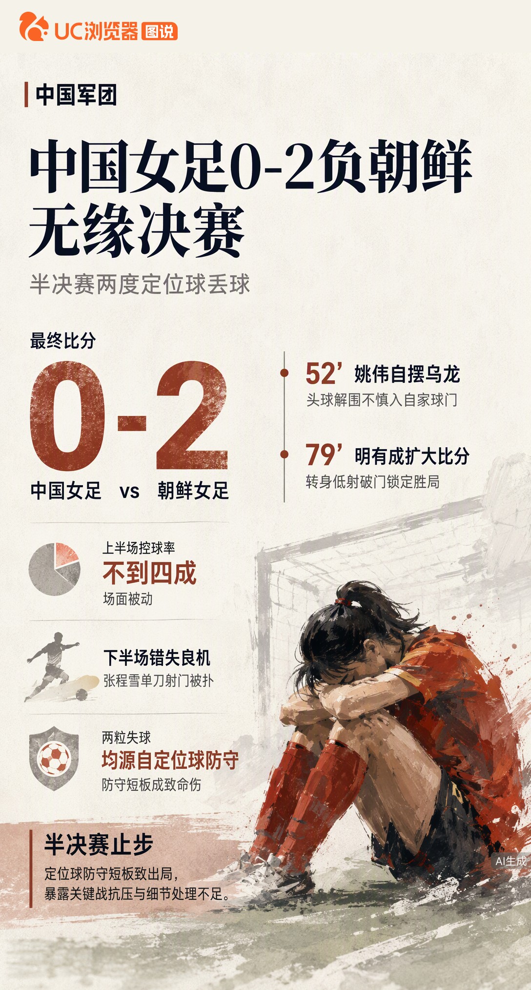 亚运女足半决赛0-2负朝鲜，两粒失球皆因定位球防守。上半场控球率不足四成，张程雪错失单刀，关键战细节