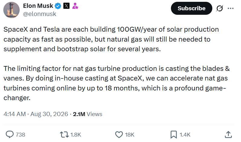 马斯克: SpaceX正铸造燃气轮机叶片