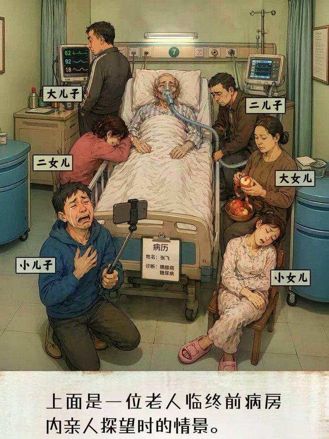 一张病房插画，道尽多子女家庭最真实的人情冷暖。躺在病床上的老人身患胰腺癌晚期，
