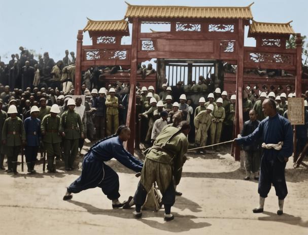 这张照片拍摄于1900年庚子事变之后，真实记录了义和团成员被处决的场景，是近代中