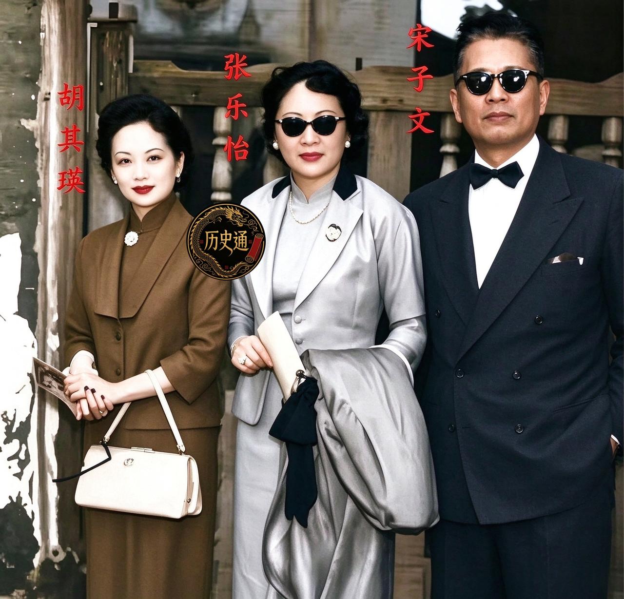 五十年代的纽约，一张罕见合影里，宋子文西装墨镜环顾四周，身旁两位盛装女子并肩而立