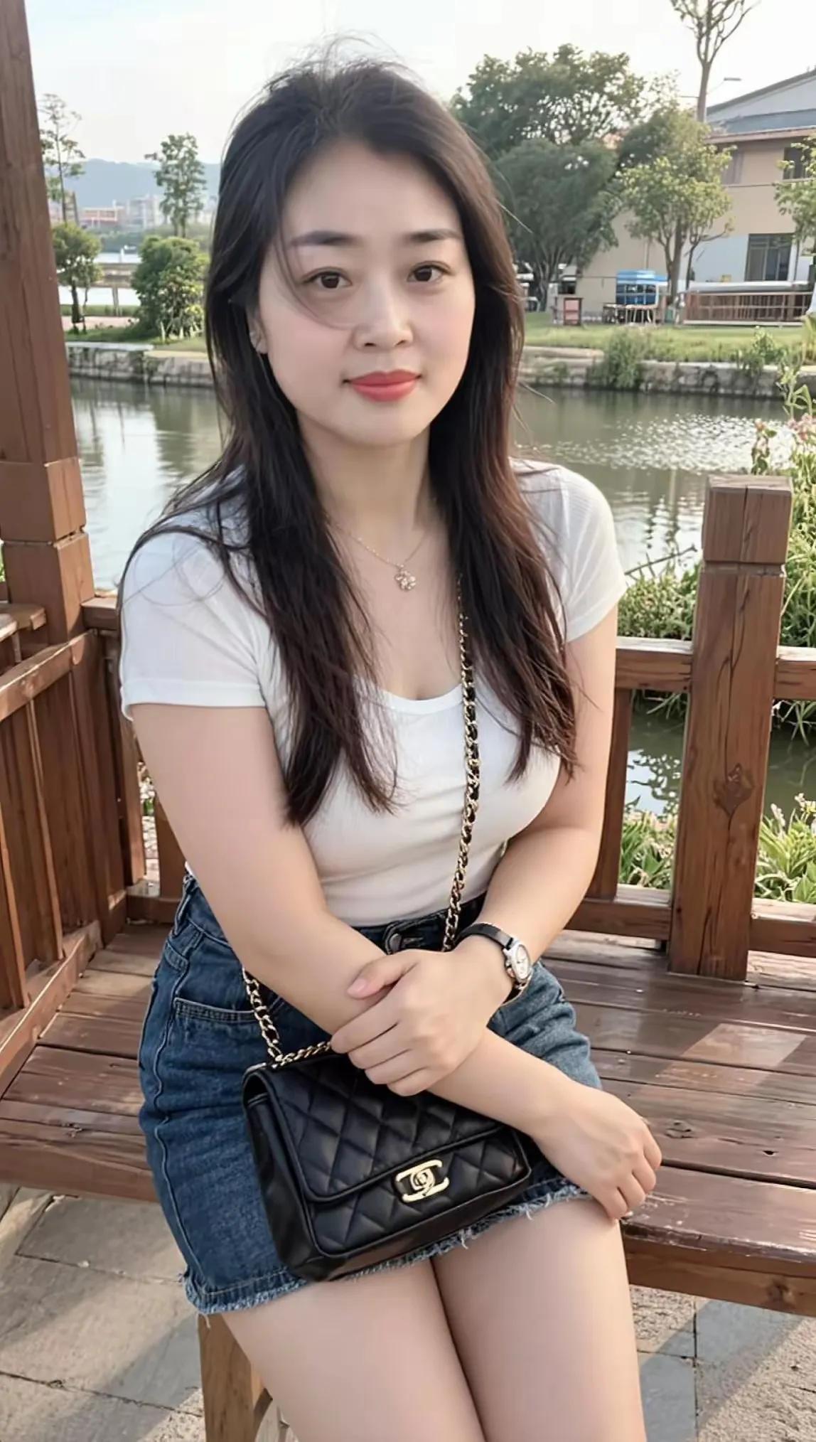 河畔长椅上的温柔午后🌿波光粼粼的河畔，清爽穿搭让午后时光格外温柔。白色短袖T