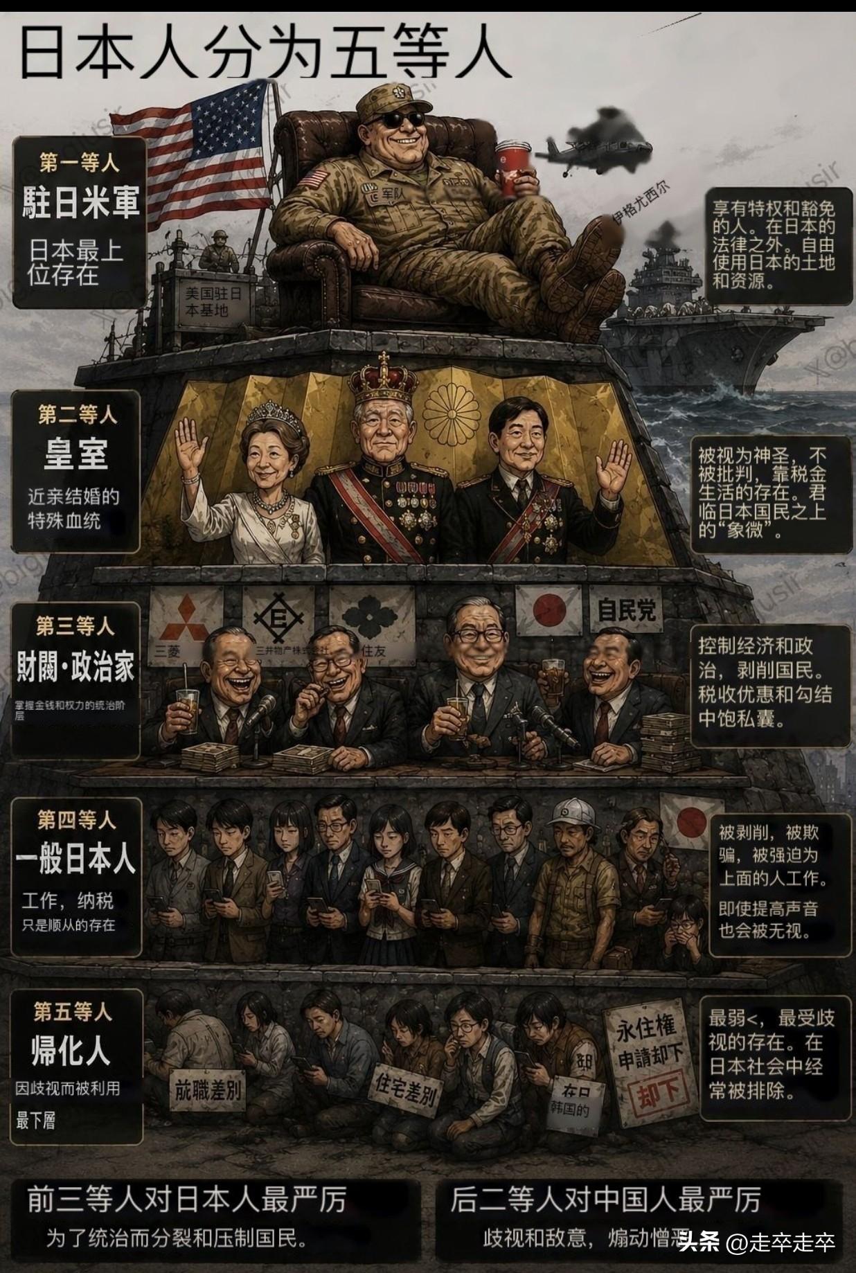 日本人被分为五等的讽刺漫画😂顶层是坐在美军基地椅子上、享受特权与豁免权的“驻