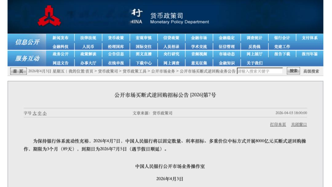 央行预告, 8000亿元操作