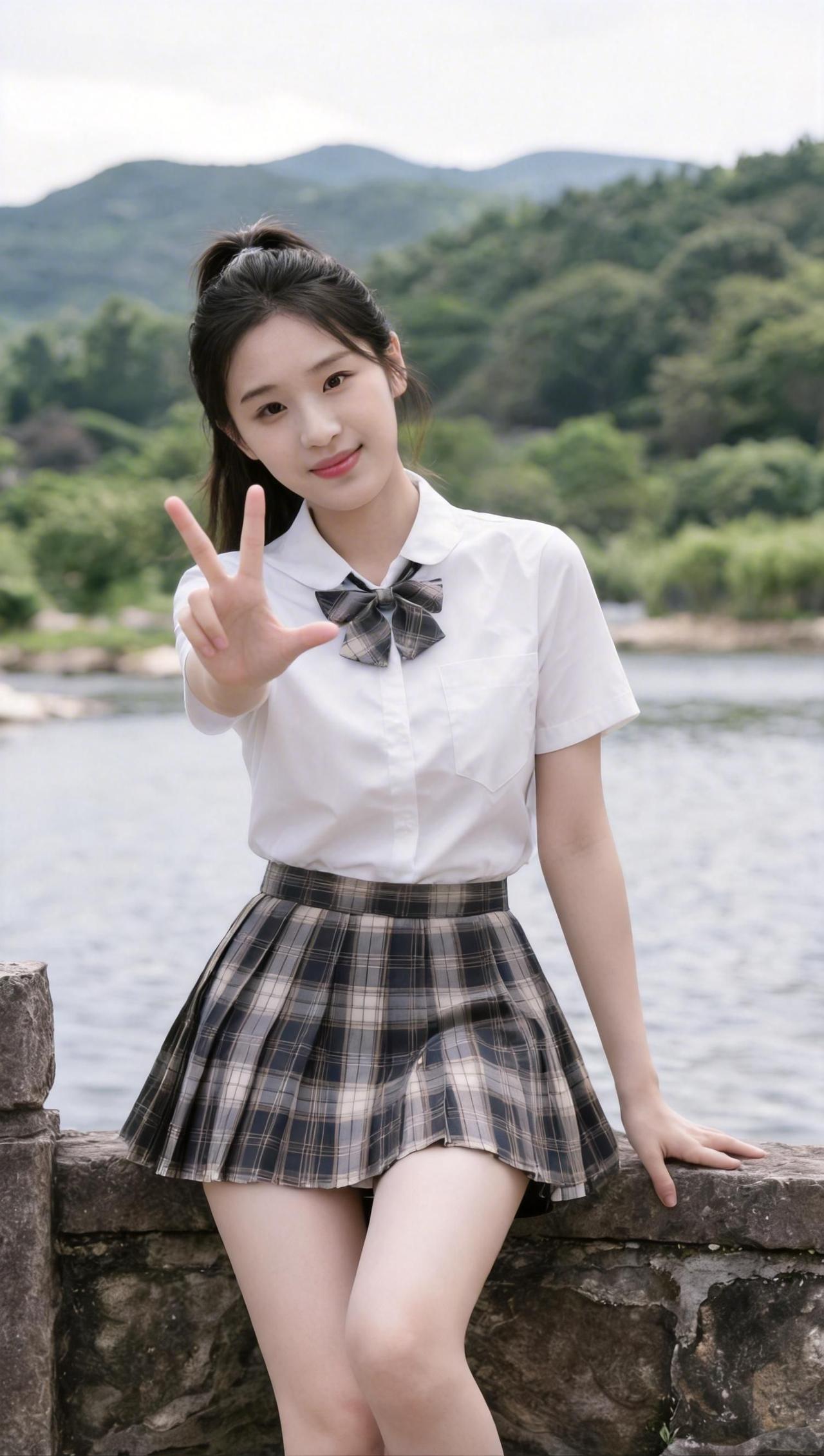 湖光轻晃，倒映着山色与裙摆的弧度，像一封未寄出的信笺，写满青涩与温柔。她比出的剪