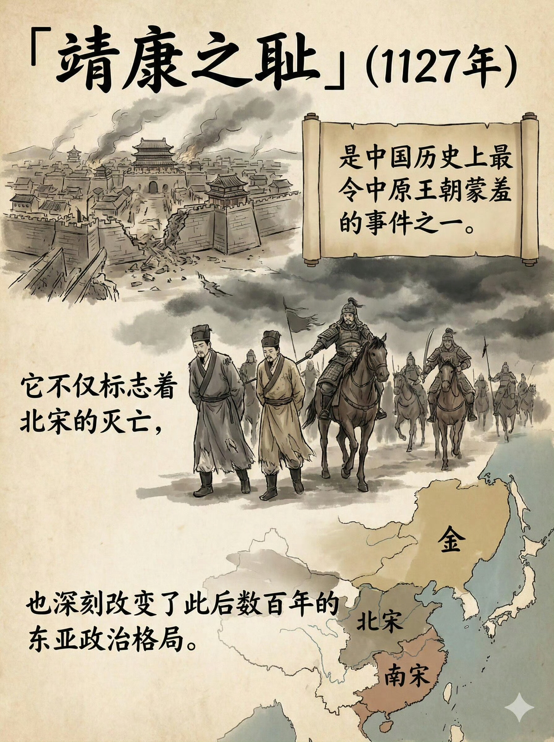 靖康耻：北宋灭亡，南宋建立。