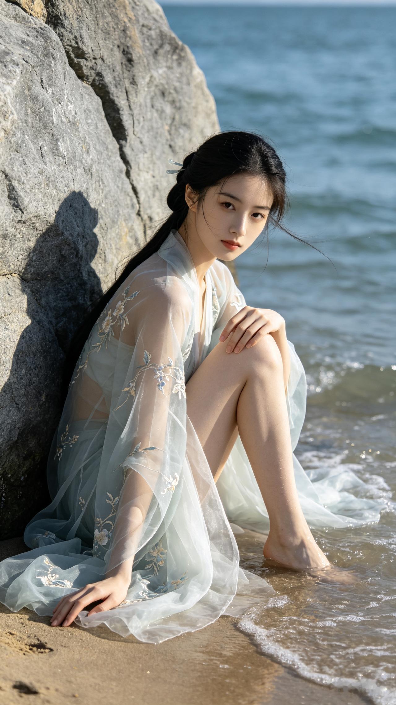 清冷骨相东方少女，冷白皮，身着多层刺绣古风薄纱衣，斜靠浅灰礁石。一手搭膝一手垂落